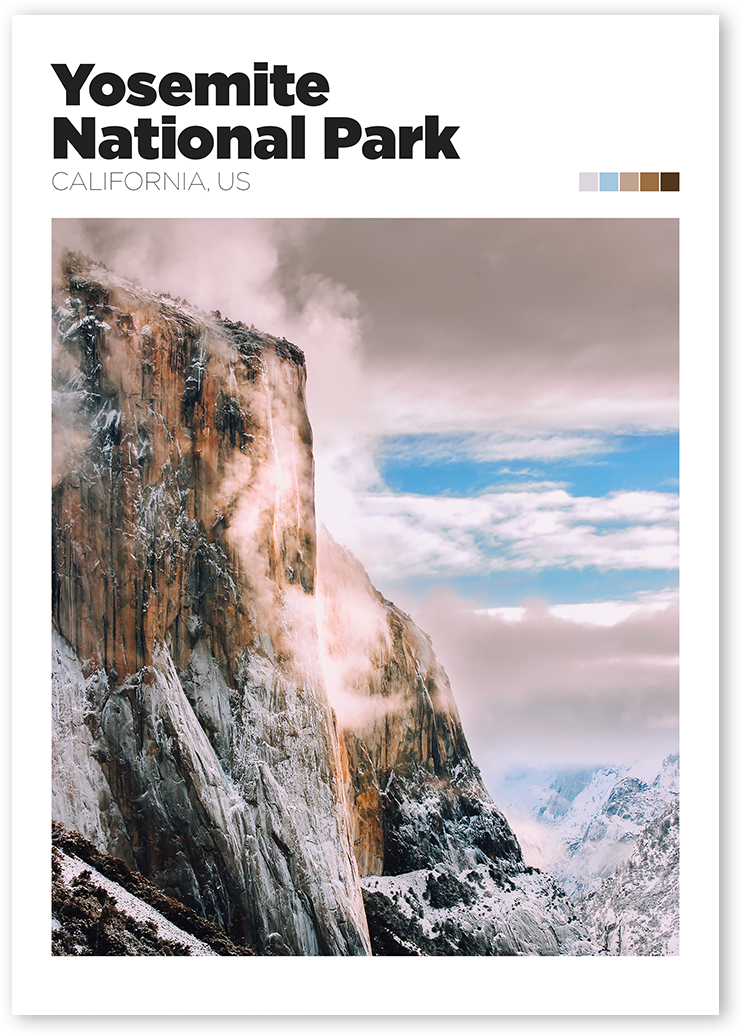 Yosemite National Park travel poster. The image shows the towering granite cliffs of El Capitan with clouds around.
